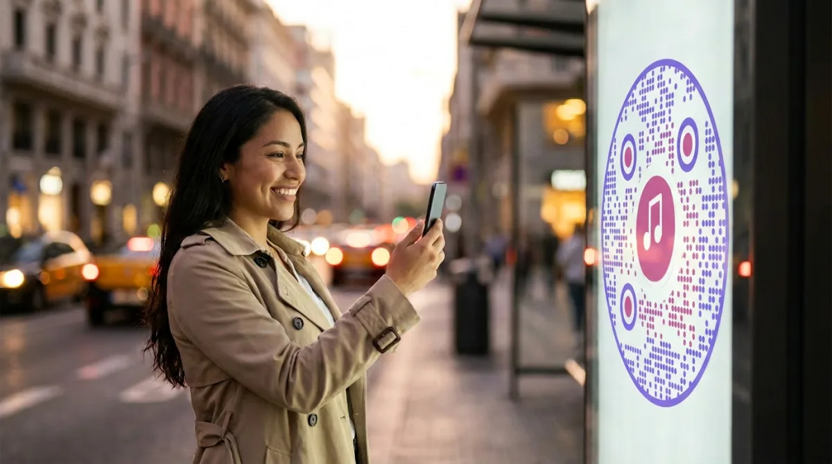 A woman on a city street scanning a large QR code on an outdoor advertising poster with her phone