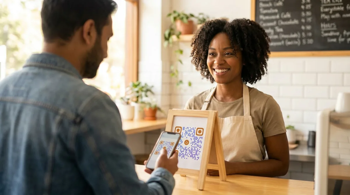 A smiling café owner behind the counter as a customer scans a QR code on a small table card