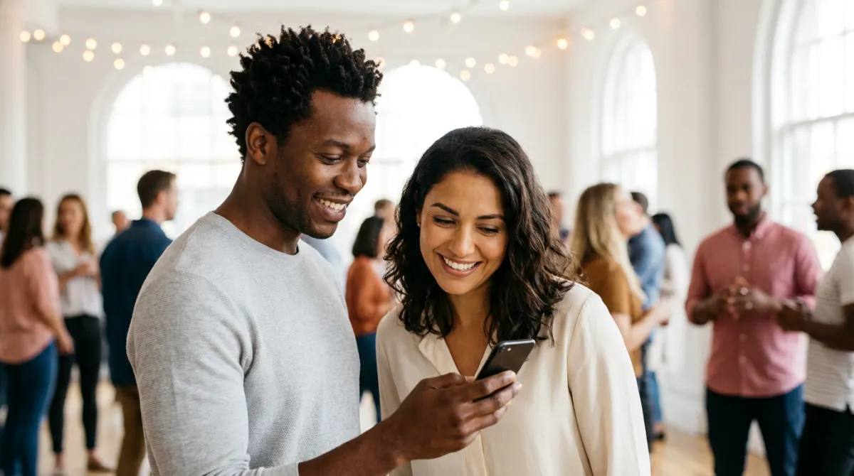 Two professionals at an event smiling as they share contact details on a phone