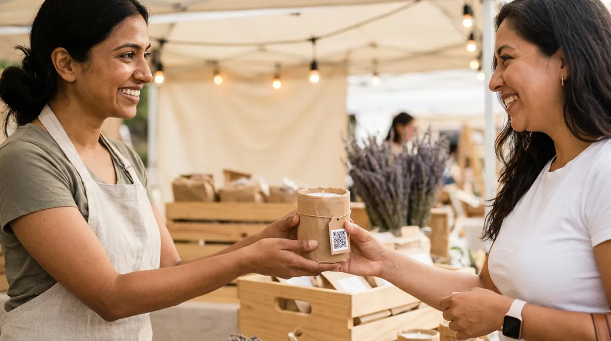 A maker at a market stall handing a customer a packaged product with a QR hang-tag